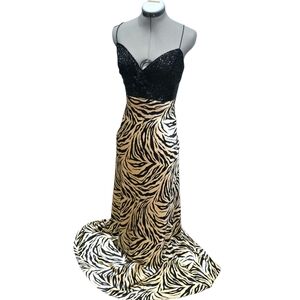 Jovani Evening Gown Size 6 Zebra Print Satin Sequin Bodice Spaghetti Strap Forma